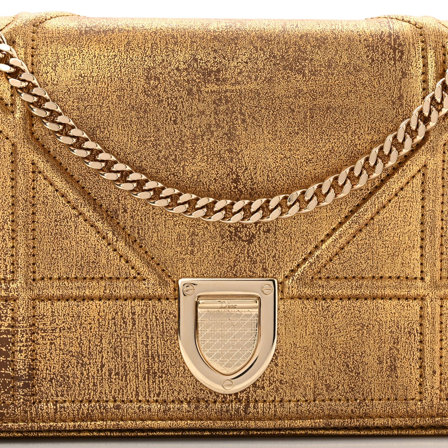 Metallic Brushed Calfskin Diorama Wallet on Chain Pouch Gold