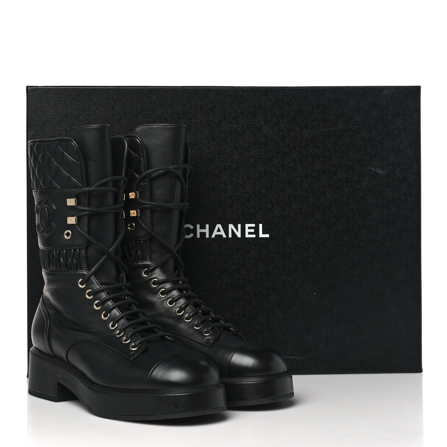 Lambskin Quilted CC Lace Up Combat Boots 38 Black