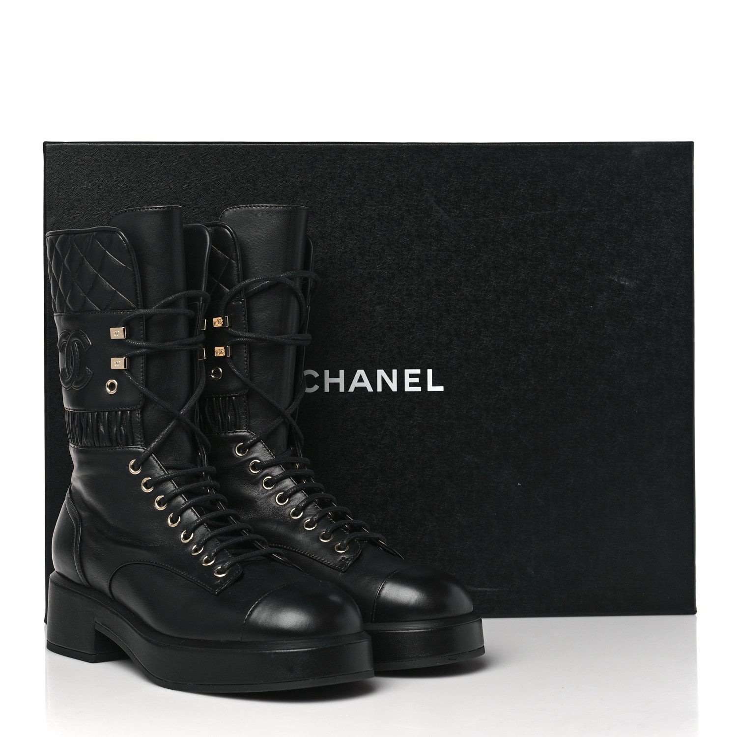 Chanel Lambskin Quilted CC Lace Up Combat Boots 38 Black 7 of 7