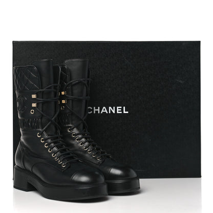 Chanel Lambskin Quilted CC Lace Up Combat Boots 38 Black 7 of 7