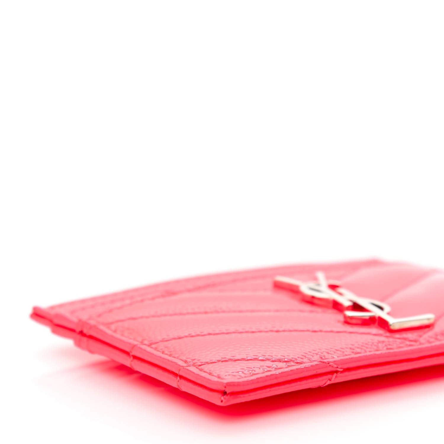 Saint Laurent Grain De Poudre Matelasse Chevron Monogram Credit Card Case Neon Pink 8 of 9