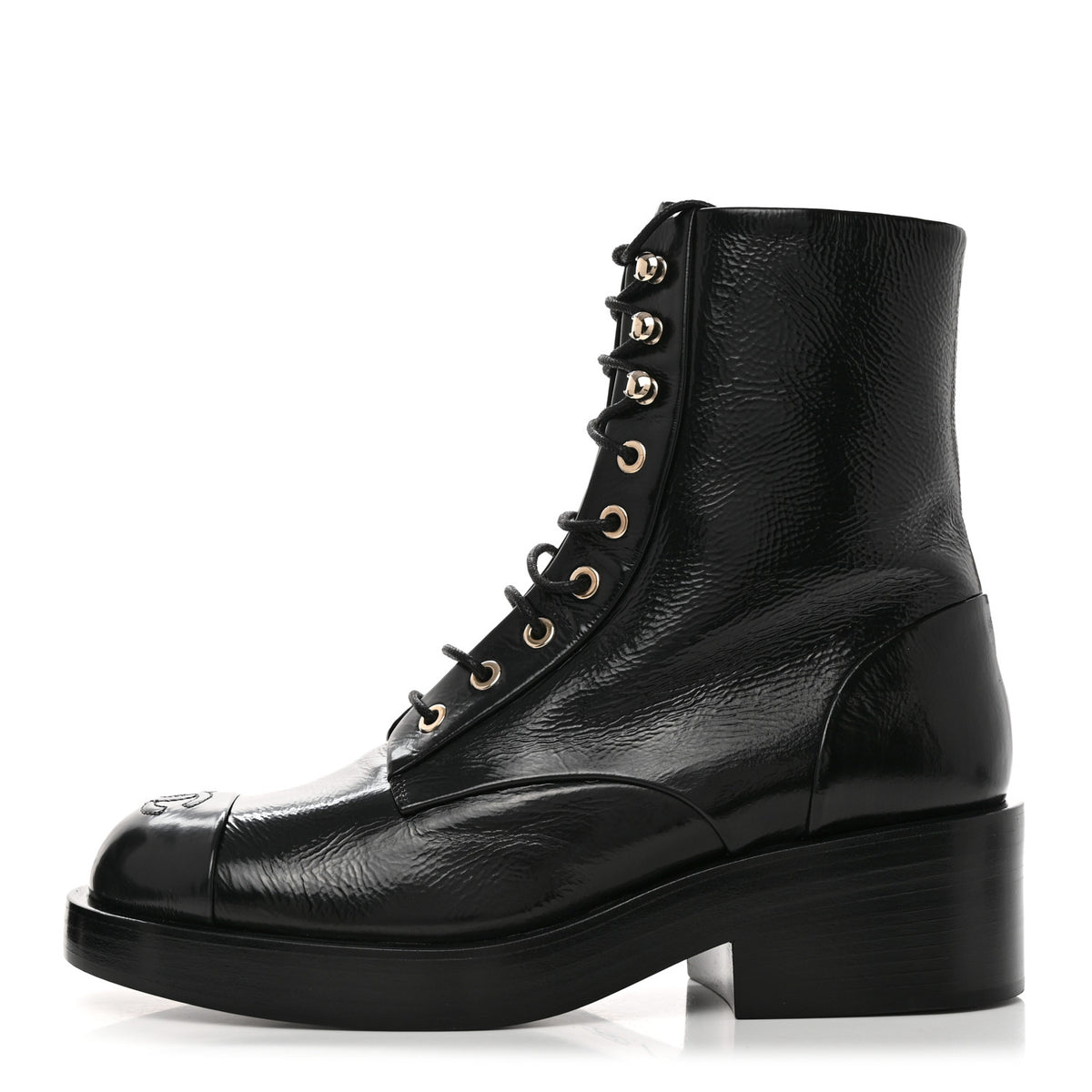 Shiny Goatskin Cap Toe Combat Boots 39 Black Dark Grey