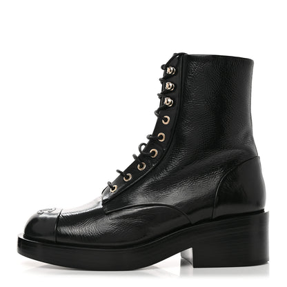 Chanel Shiny Goatskin Cap Toe Combat Boots 39 Black Dark Grey 1 of 9