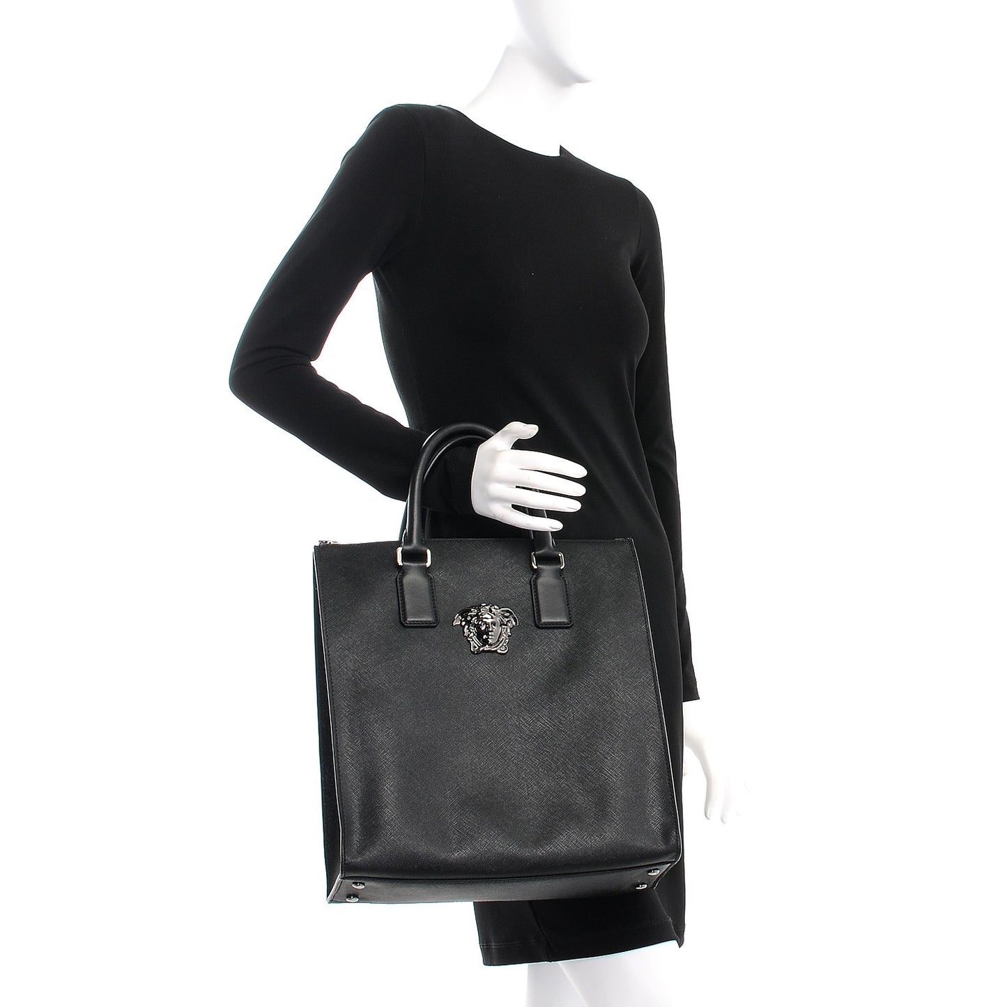 Grained Calfskin Palazzo Medusa Shopping Tote Black
