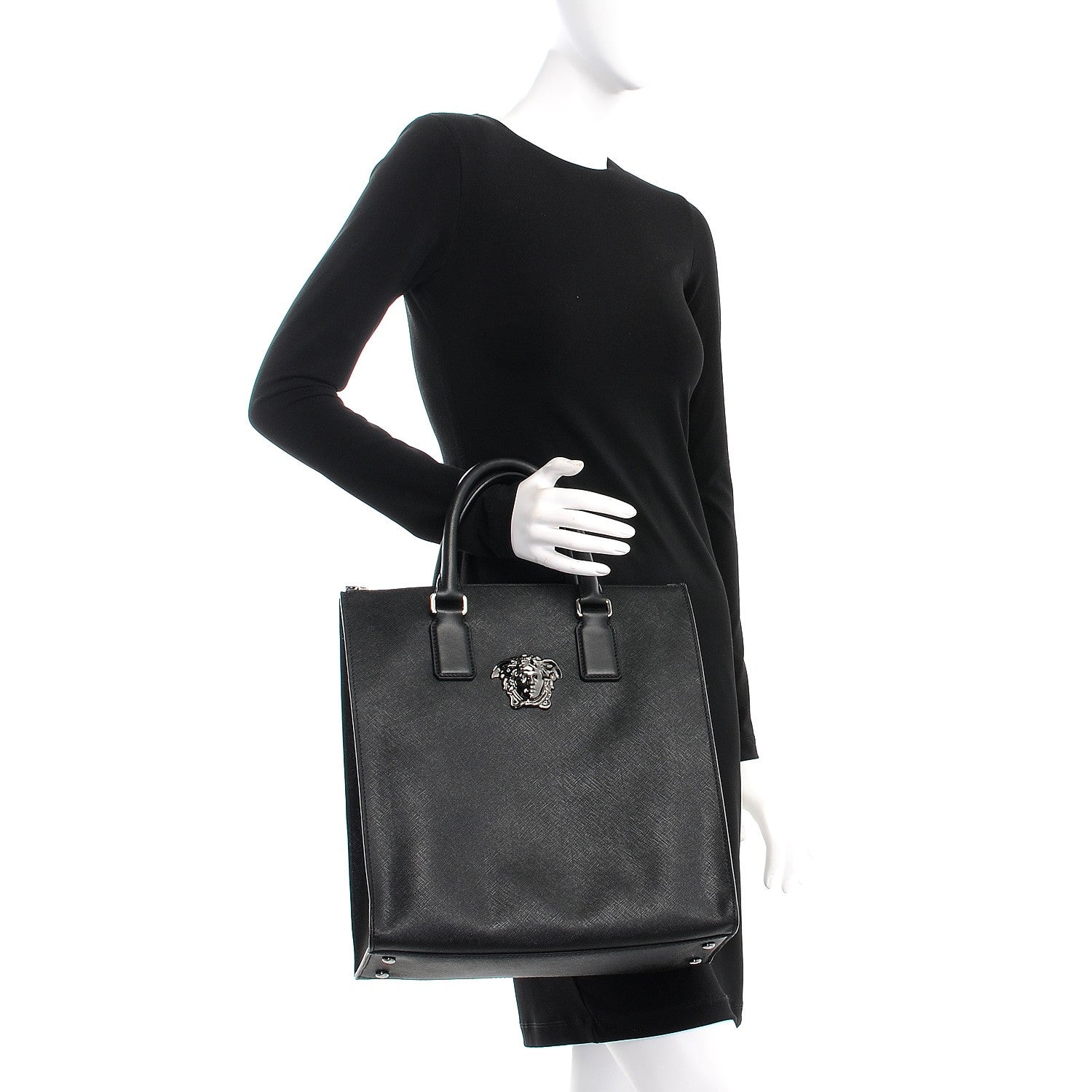 Versace Grained Calfskin Palazzo Medusa Shopping Tote Black 2 of 8