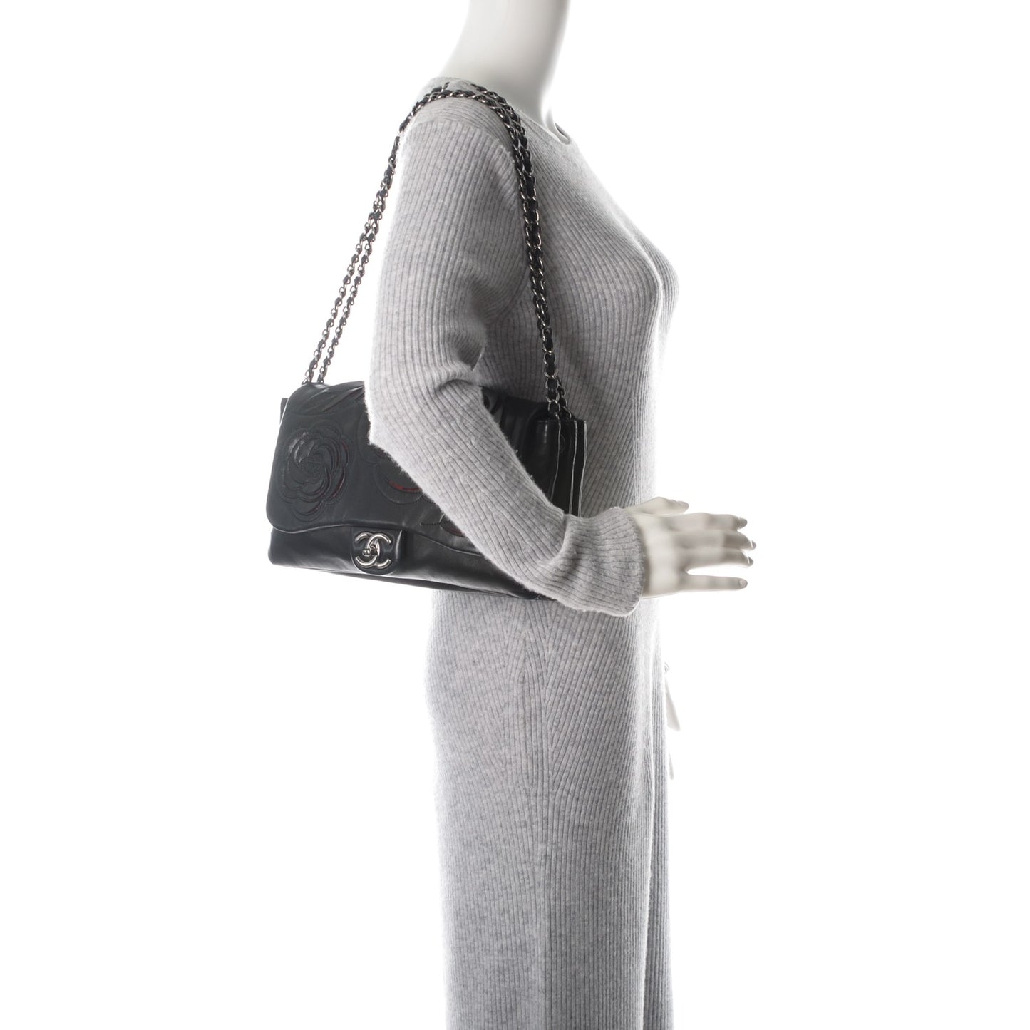 Lambskin Tweed Large Camellia Petals Flap Black