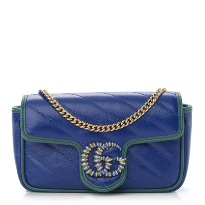 Gucci Azalea Calfskin Enamel Matelasse Diagonal Super Mini Torchon GG Marmont Shoulder Bag Imperial Blue Pavone 1 of 11