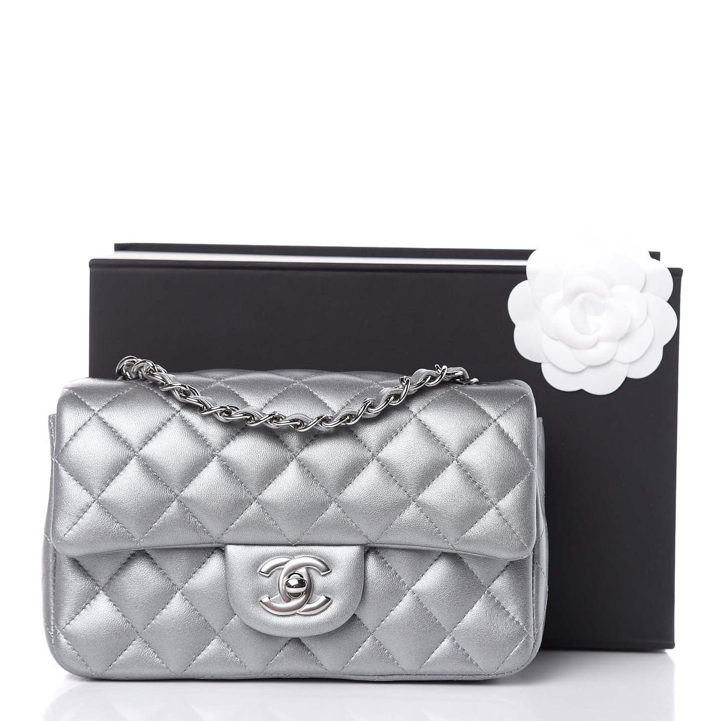 Metallic Lambskin Quilted Mini Rectangular Flap Silver