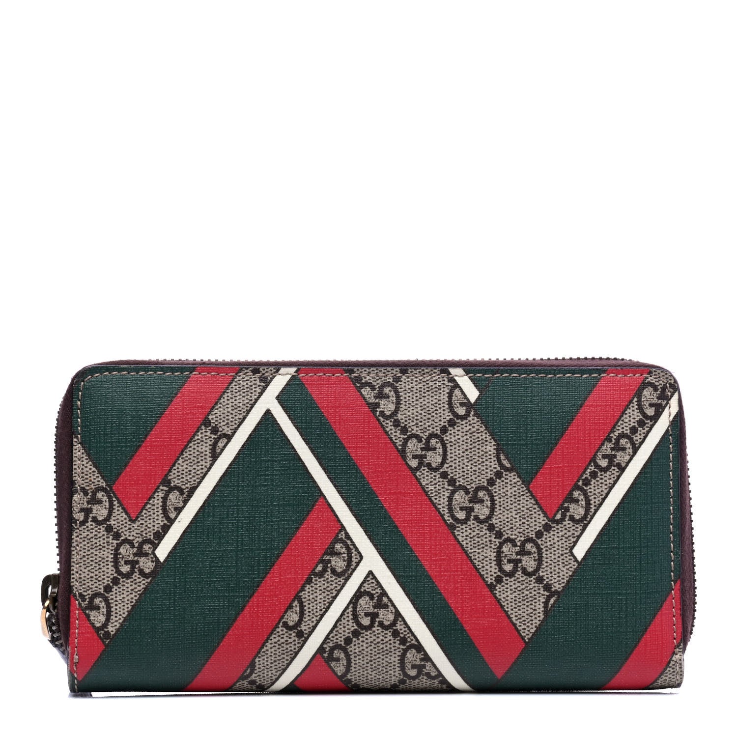 Gucci GG Supreme Monogram Chevron Zip Around Wallet Beige Green Red New Acero 2 of 7
