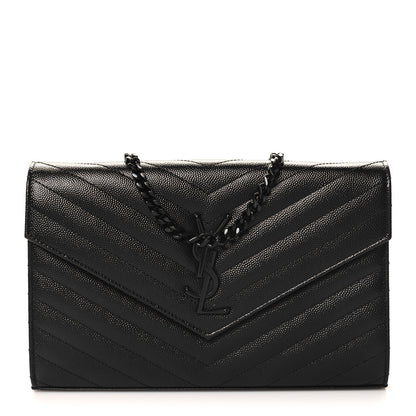 Saint Laurent Grain De Poudre Matelasse Chevron Monogram Monochrome Chain Wallet Black 1 of 11