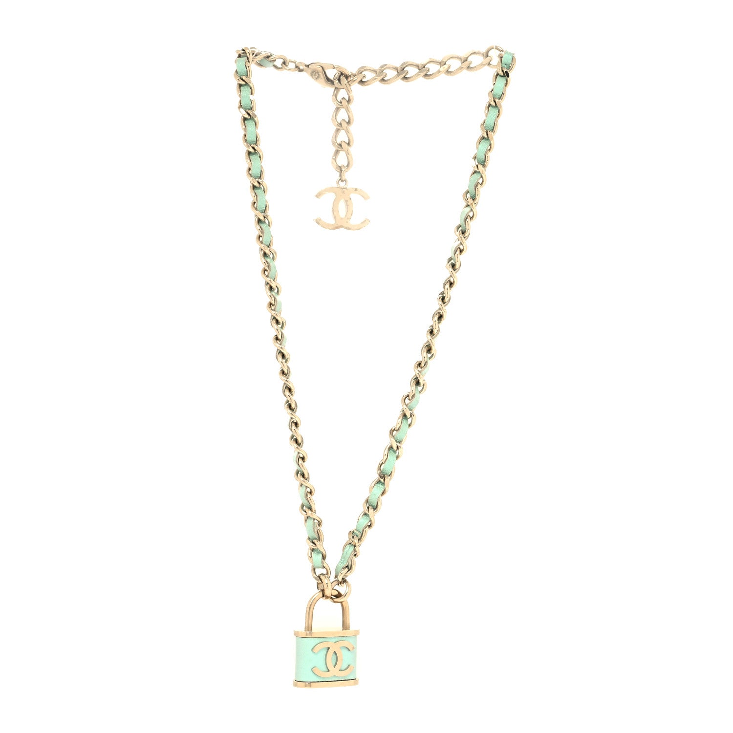 Chanel Calfskin Metal Padlock Necklace Gold Iridescent Blue 2 of 5