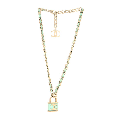 Chanel Calfskin Metal Padlock Necklace Gold Iridescent Blue 2 of 5