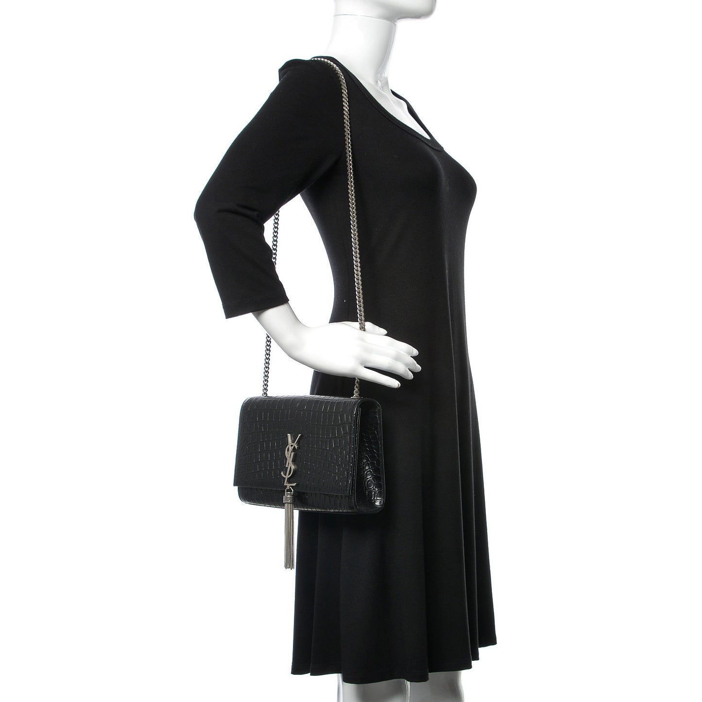 Calfskin Crocodile Embossed Medium Classic Monogram Kate Tassel Satchel Black