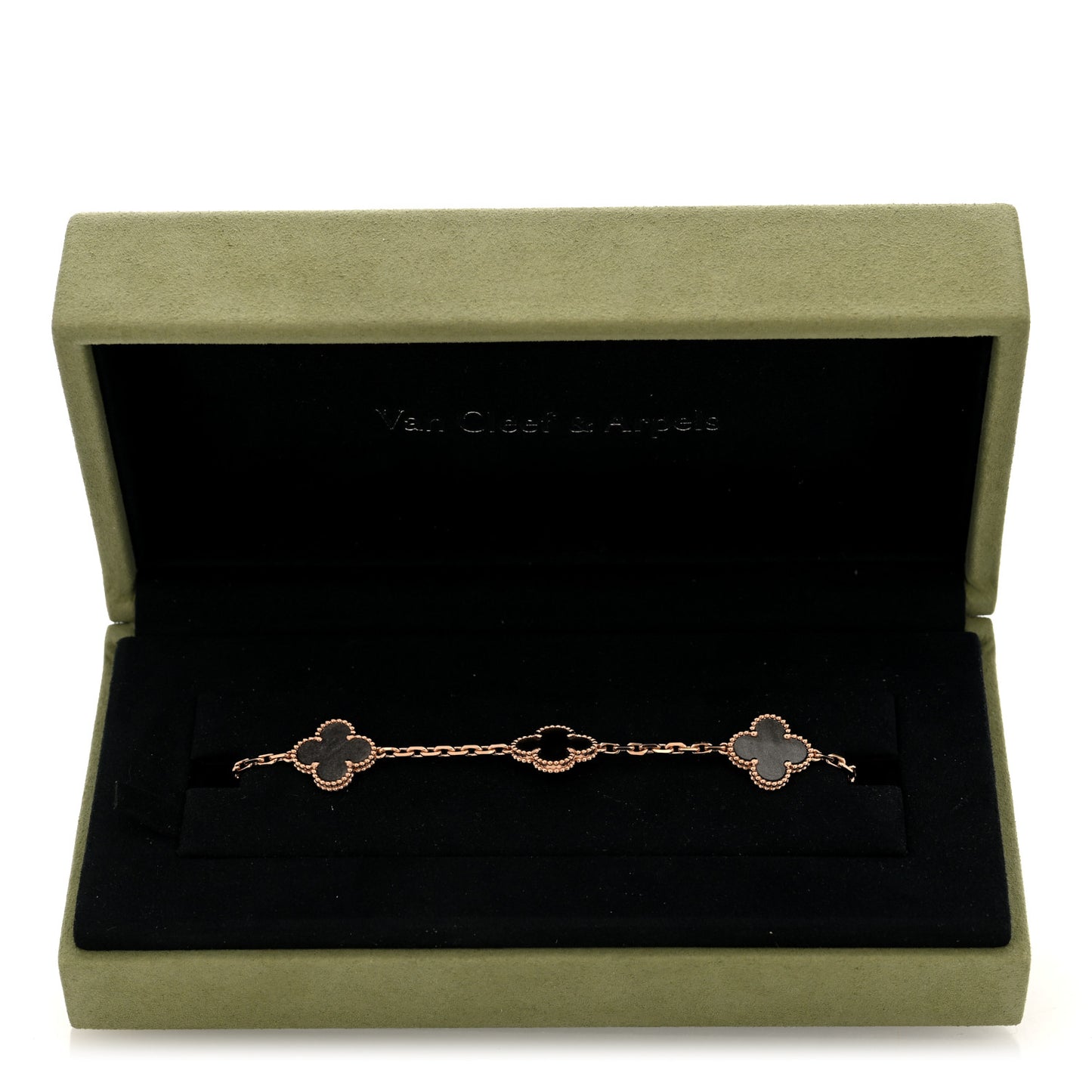 18K Rose Gold Silver Obsidian 5 Motifs Vintage Alhambra Bracelet