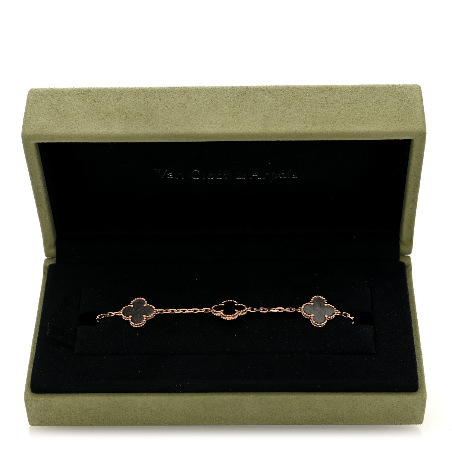 Van Cleef & Arpels 18K Rose Gold Silver Obsidian 5 Motifs Vintage Alhambra Bracelet 4 of 4