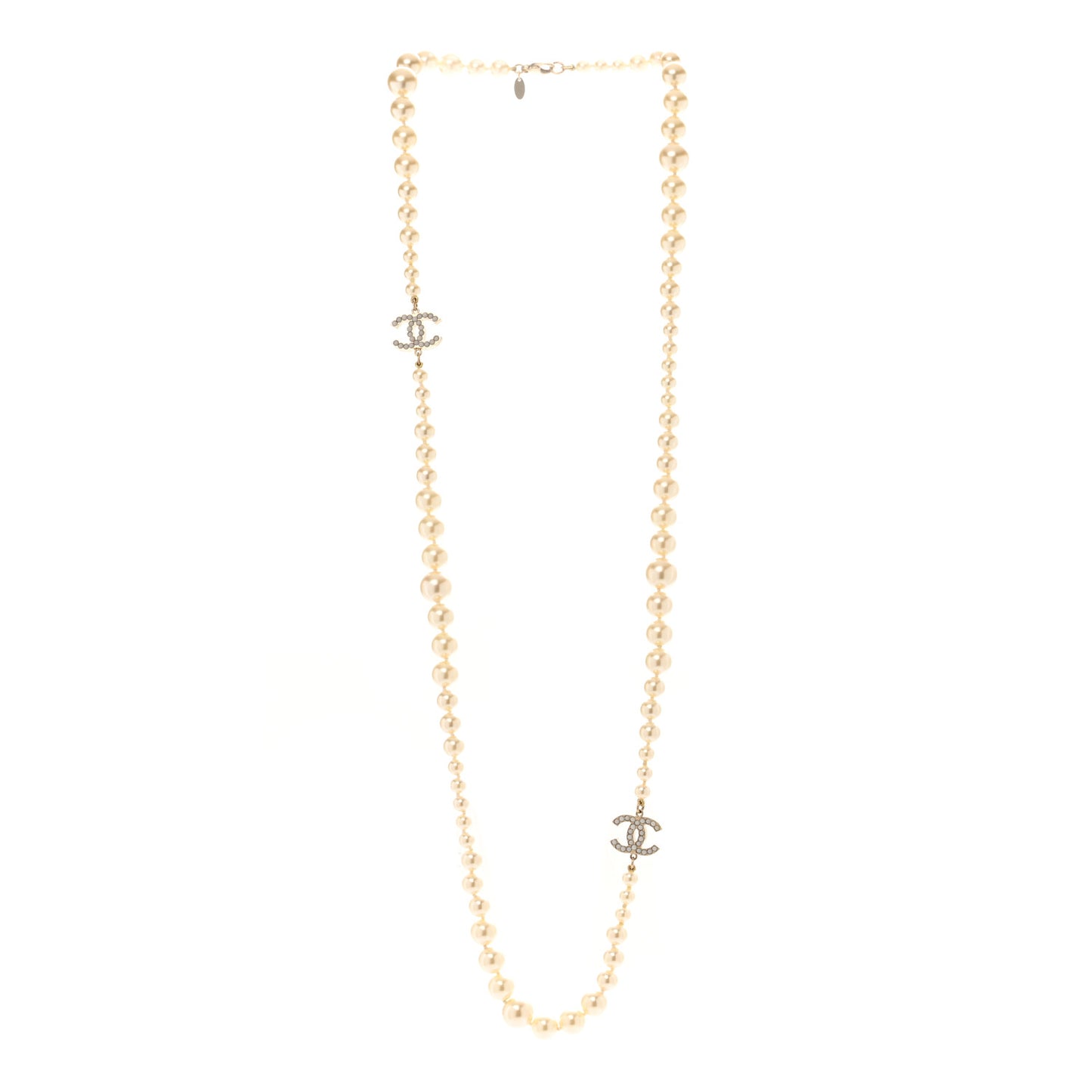 Graduated Pearl CC Long Necklace Light Gold