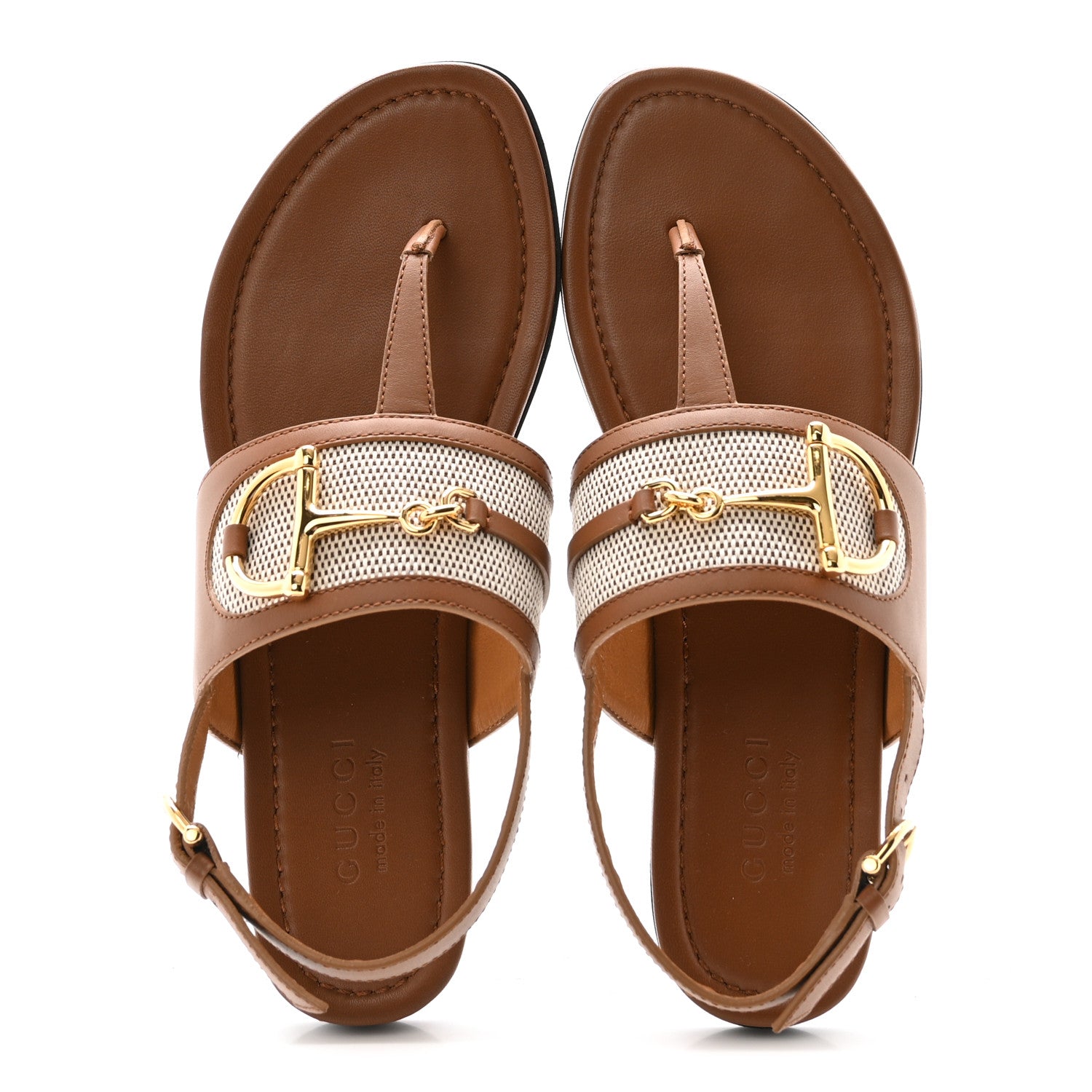 Gucci Calfskin Canvas Rice Horsebit Thong Sandals 37.5 Sundial Brown Natural 2 of 10