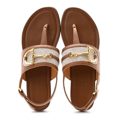 Gucci Calfskin Canvas Rice Horsebit Thong Sandals 37.5 Sundial Brown Natural 2 of 10
