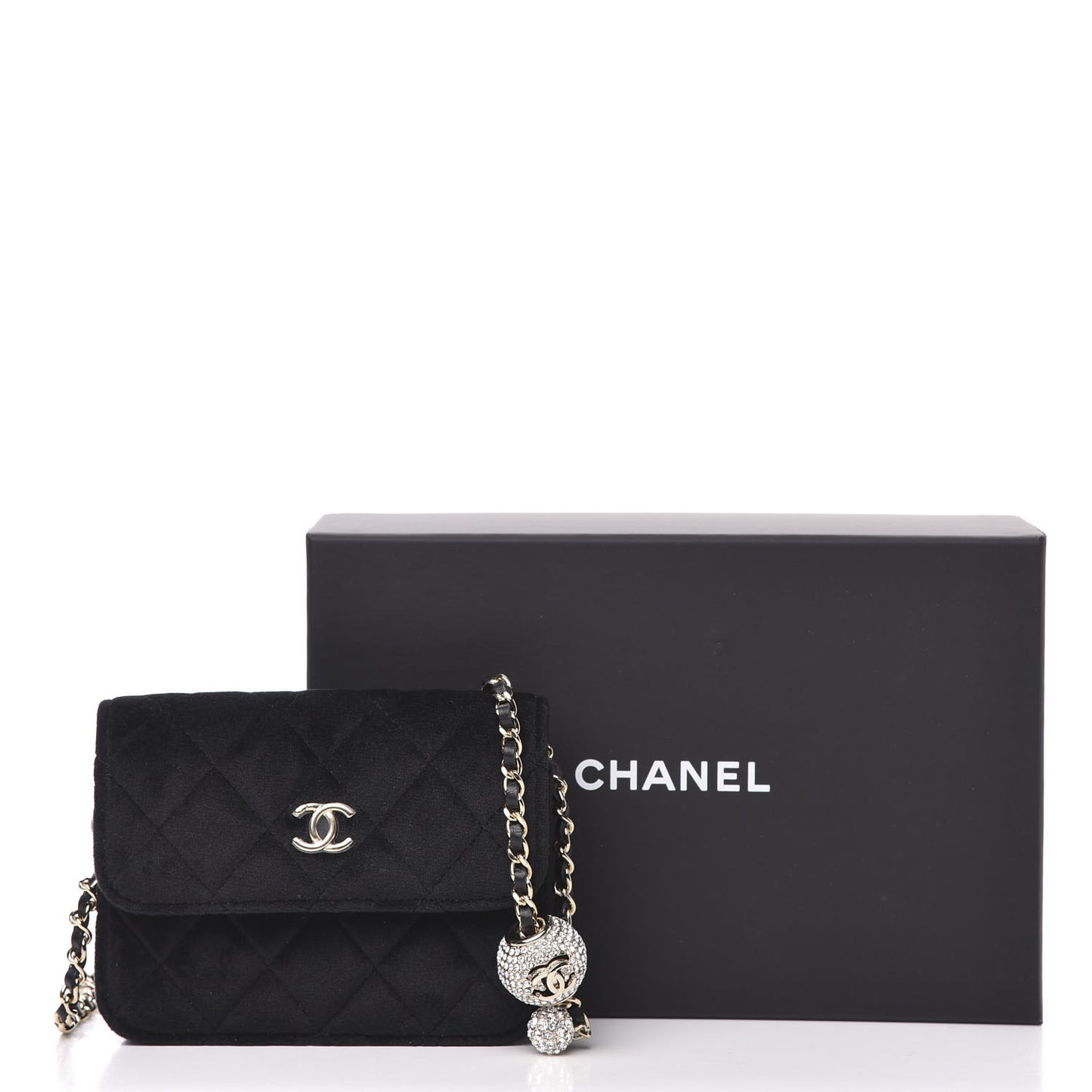 Velvet Quilted Pearl Crush Flap With Chain Black