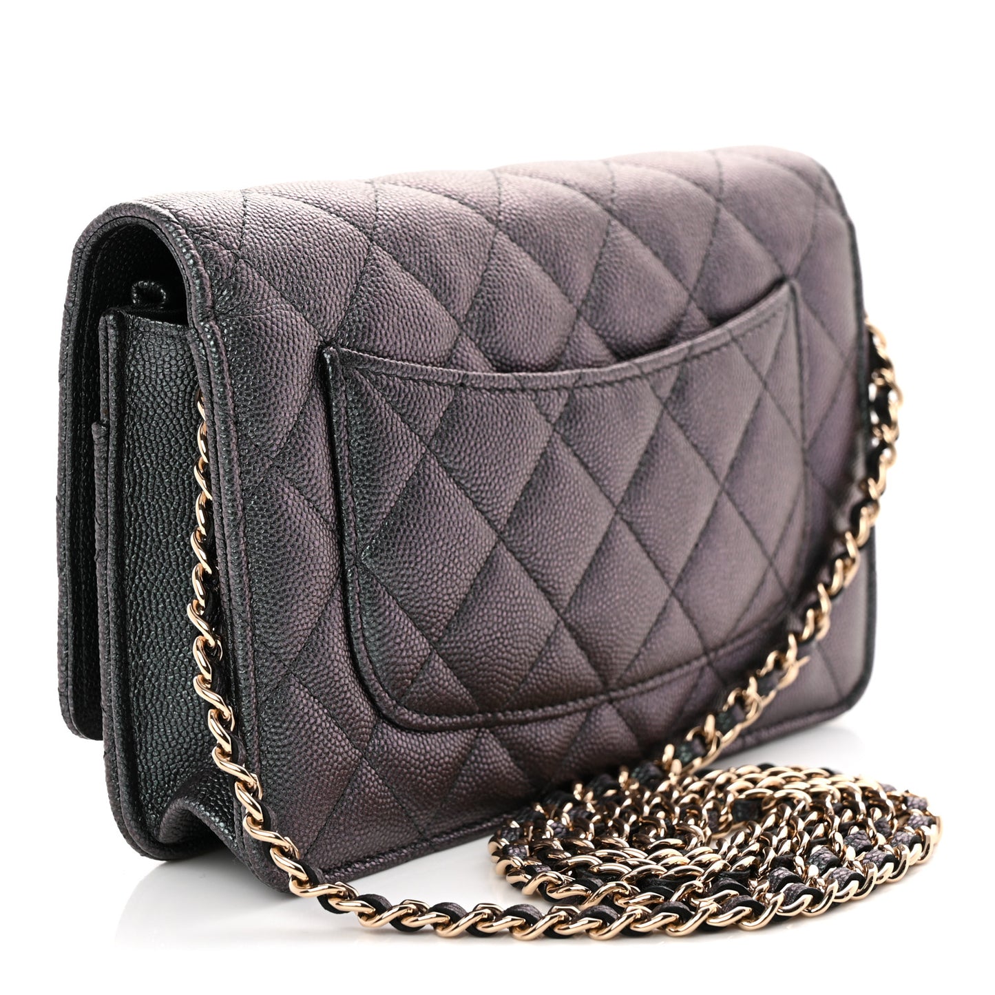 Iridescent Caviar Quilted Wallet on Chain WOC Dark Blue