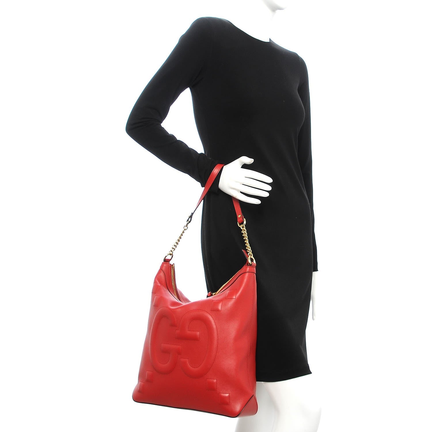 Gucci Apollo Calfskin GG Dadini Embroidered Chain Hobo Hibiscus Red 2 of 8
