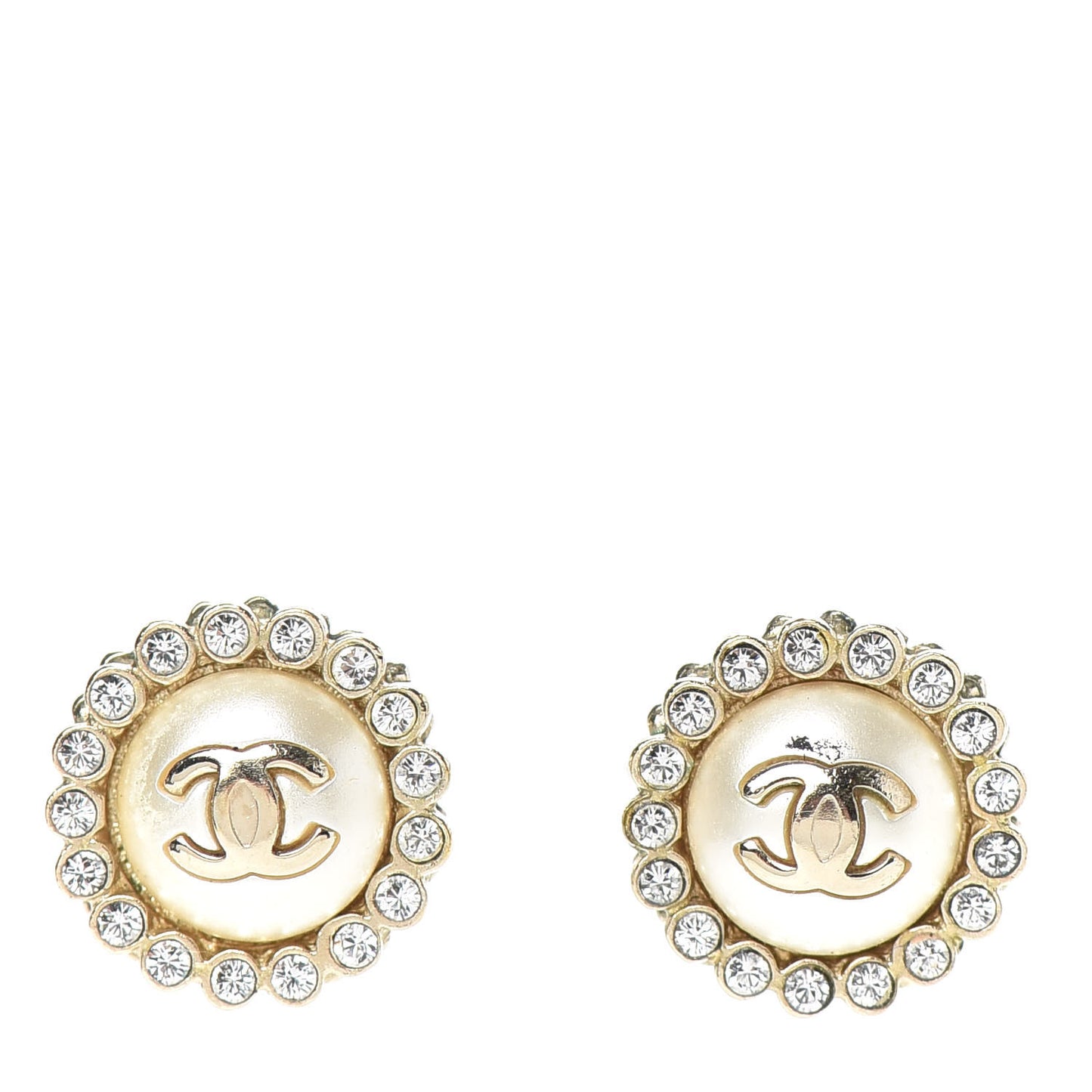 Pearl Crystal CC Round Earrings Light Gold