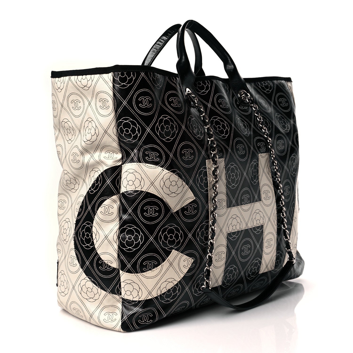 Chanel Coated Canvas Camellia Large Shopping Tote Black Beige 3 of 10