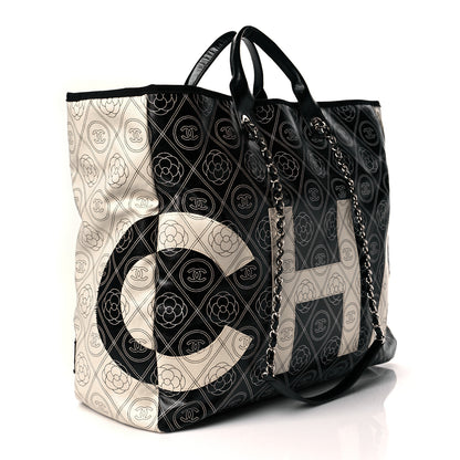Chanel Coated Canvas Camellia Large Shopping Tote Black Beige 3 of 10