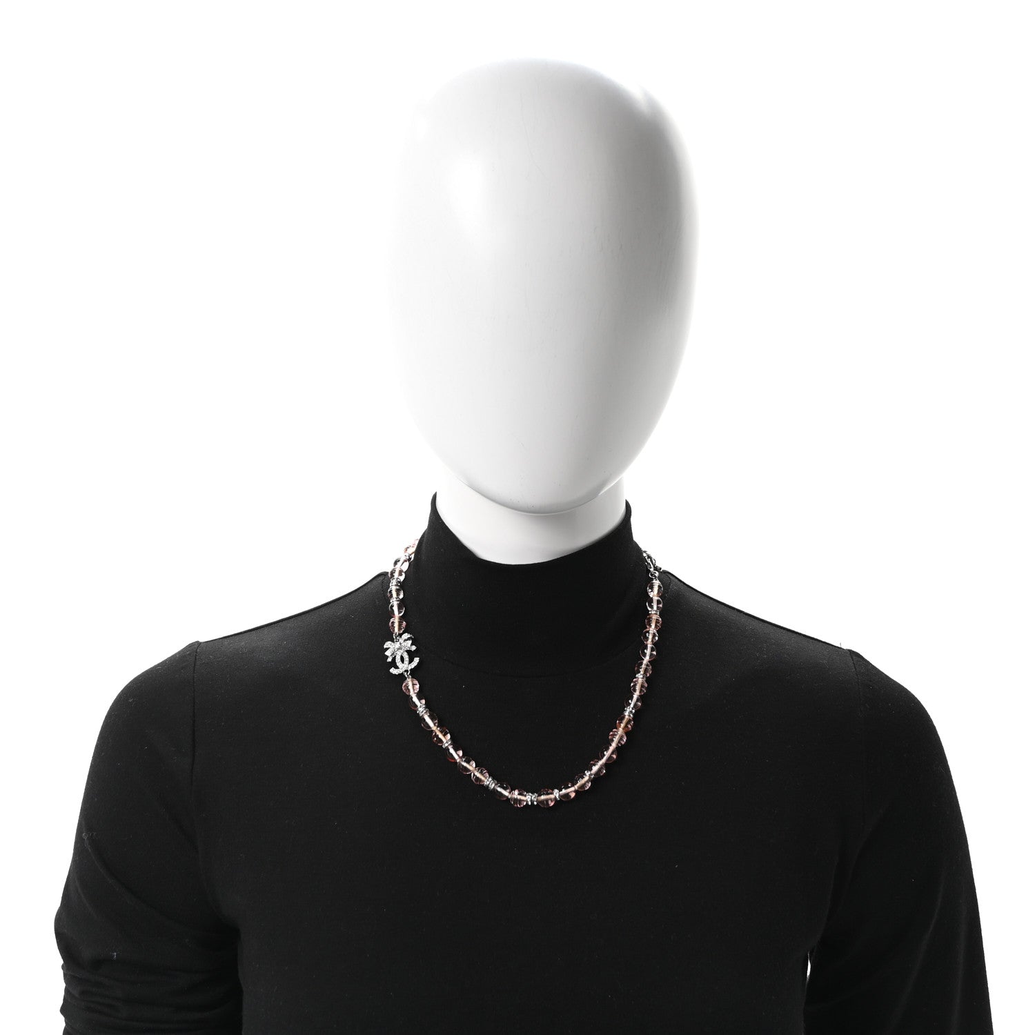 Chanel Metal Glass Strass Beaded CC Bow Necklace Silver Pink 2 of 5