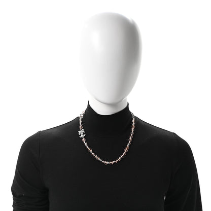 Chanel Metal Glass Strass Beaded CC Bow Necklace Silver Pink 2 of 5