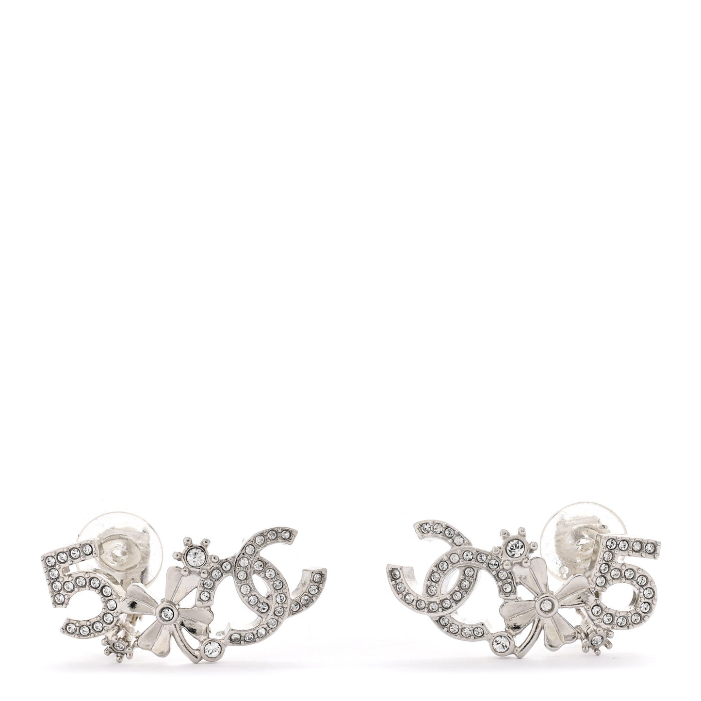 Metal Crystal No 5 Clover CC Clip On Drop Earrings Silver