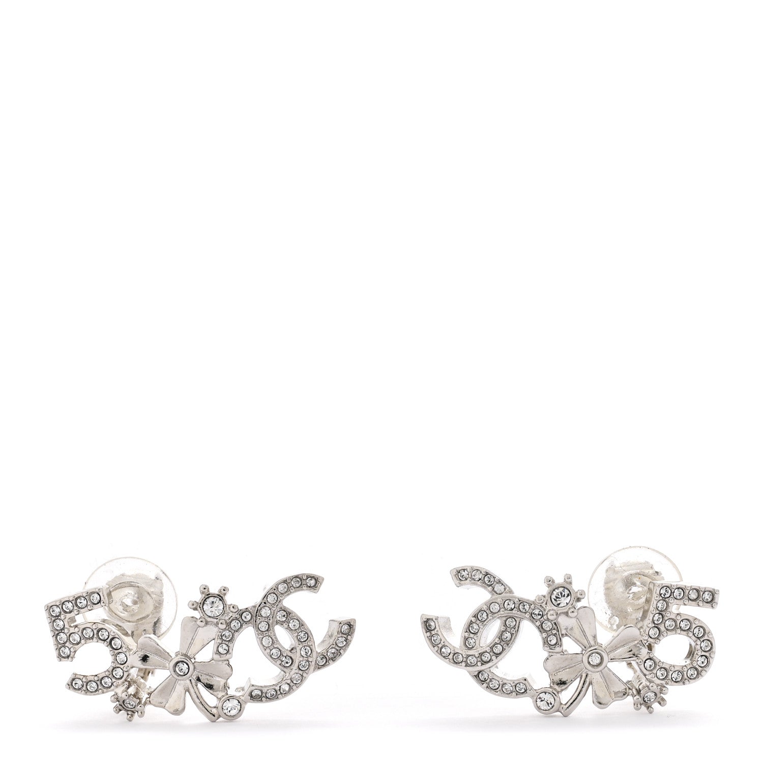 Chanel Metal Crystal No 5 Clover CC Clip On Drop Earrings Silver 1 of 5
