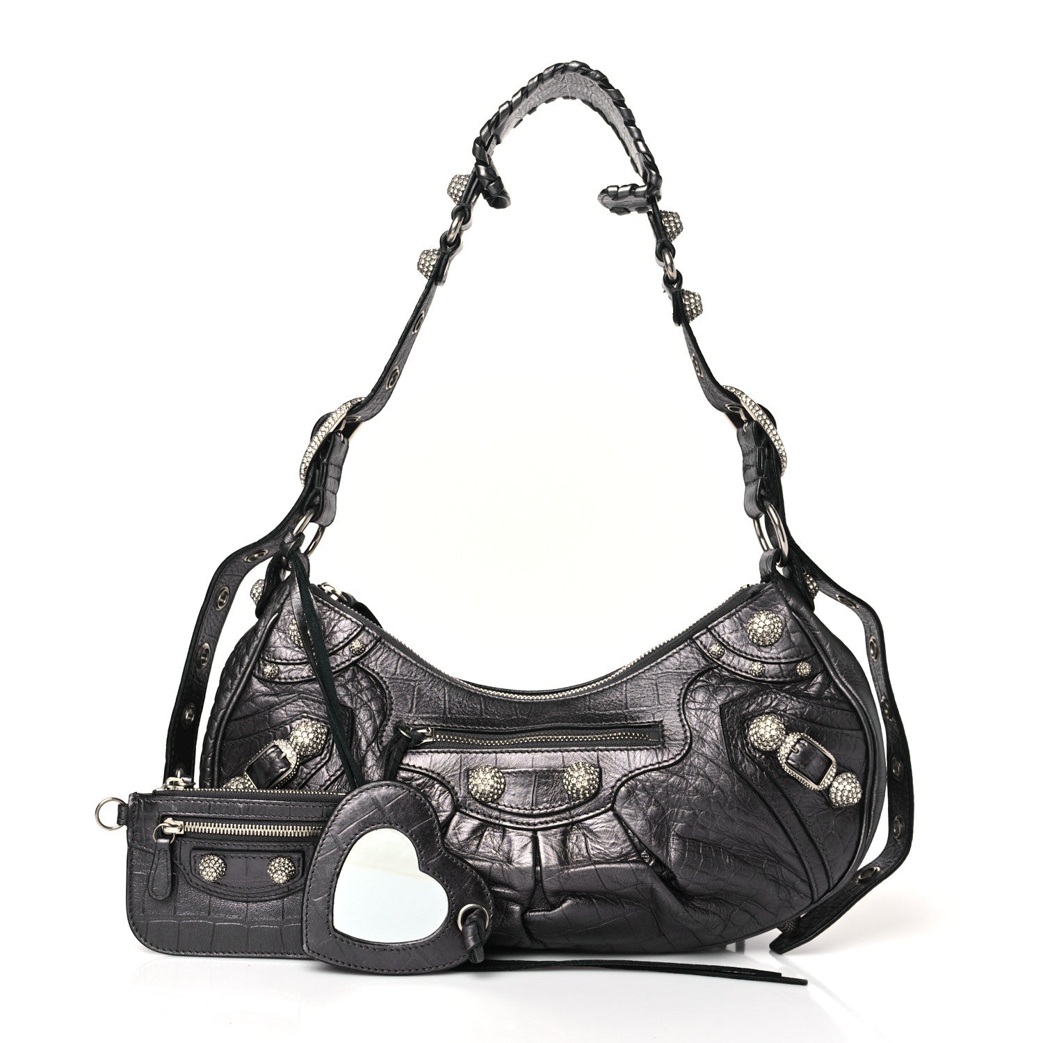 Balenciaga Metallic Calfskin Crocodile Embossed Crystal Small Le