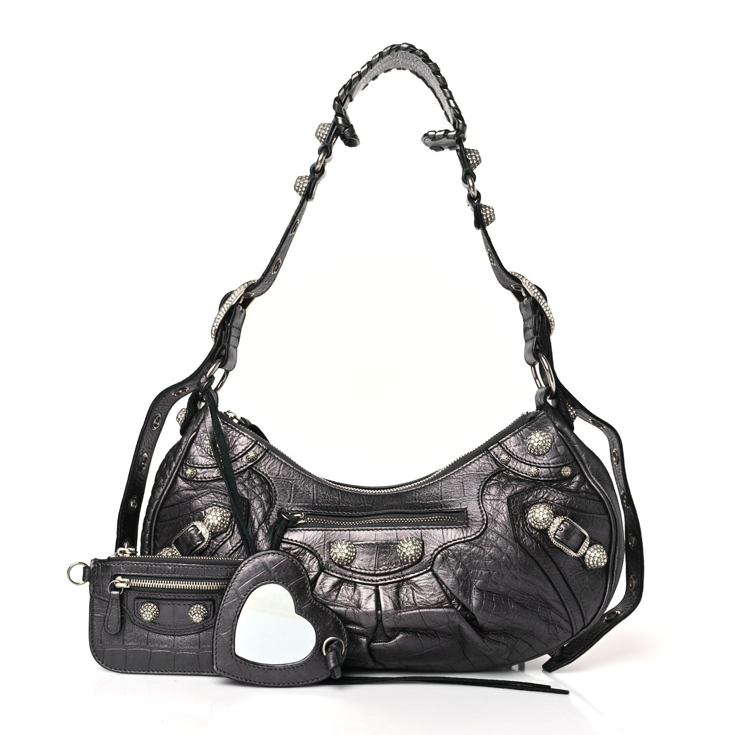 Metallic Calfskin Crocodile Embossed Crystal Small Le Cagole Shoulder Bag Gunmetal