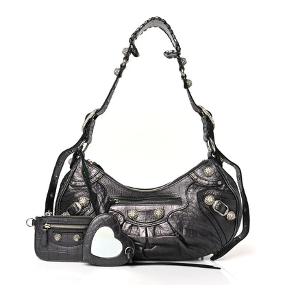 Balenciaga Metallic Calfskin Crocodile Embossed Crystal Small Le Cagole Shoulder Bag Gunmetal 1 of 9