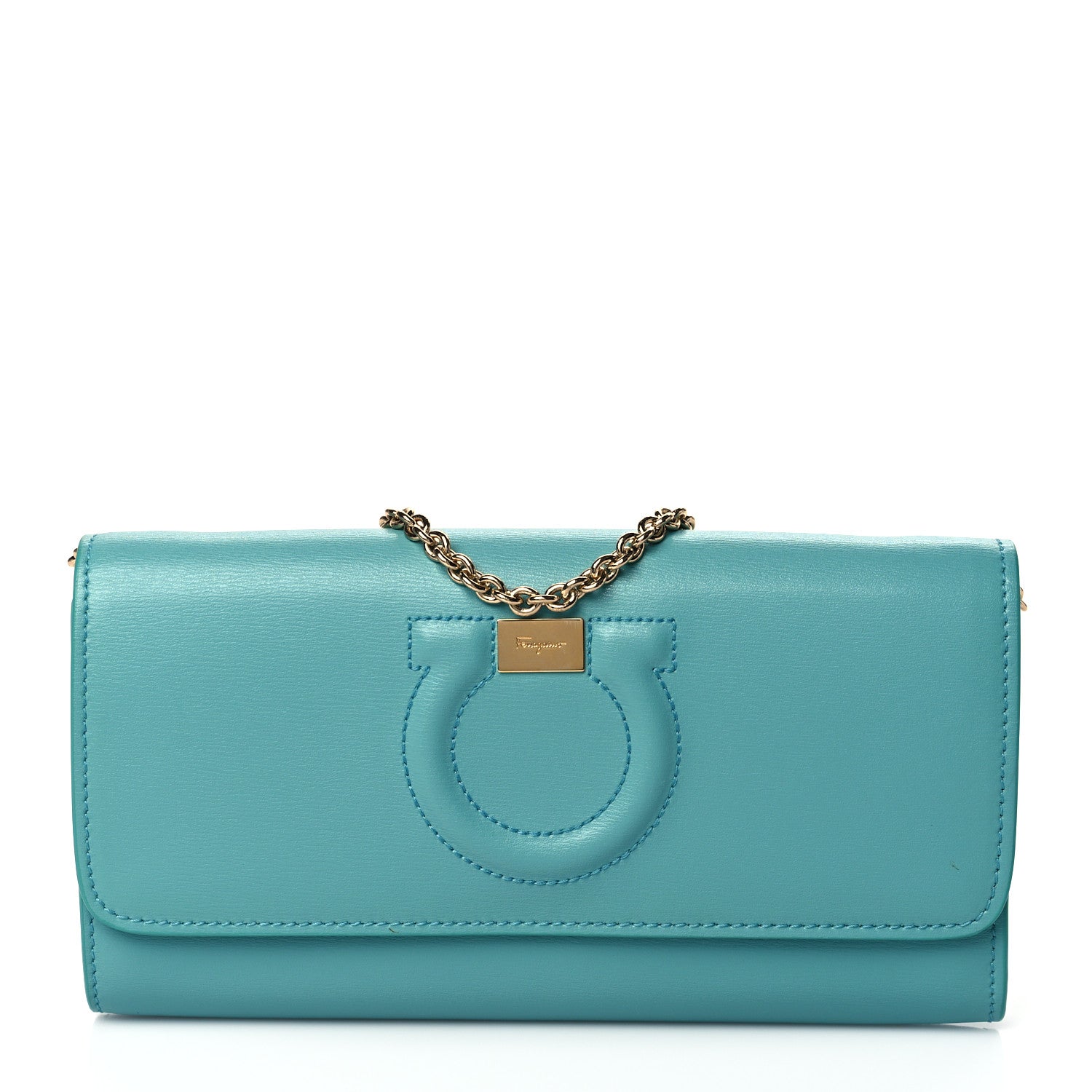 Salvatore Ferragamo Printed Calfskin Gancini Wallet On Chain Teal 1 of 8