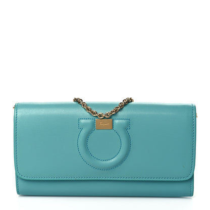 Salvatore Ferragamo Printed Calfskin Gancini Wallet On Chain Teal 1 of 8