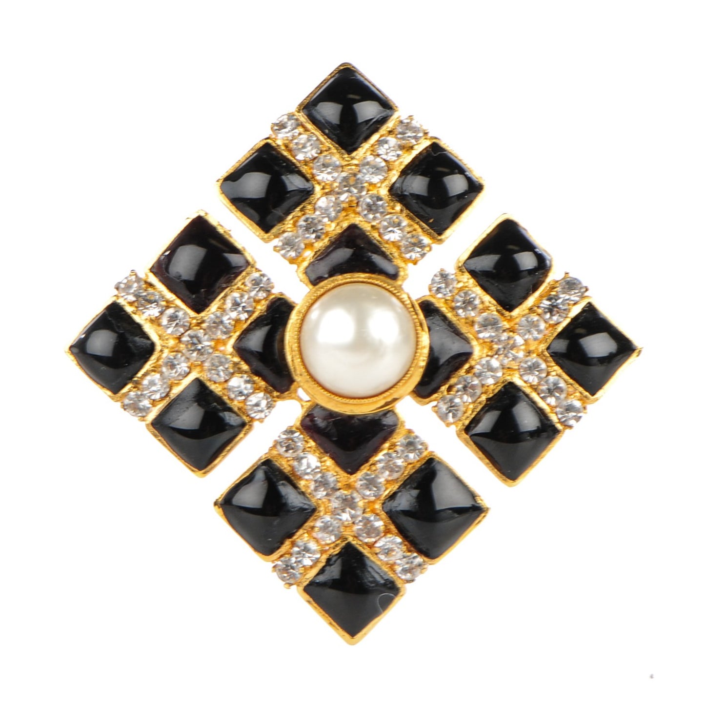 Enamel Crystal Pearl Brooch Black Gold