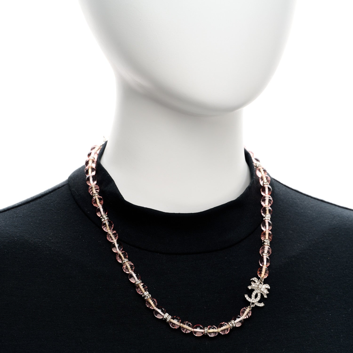 Chanel Resin Bead Crystal CC Bow Drop Choker Necklace Pink Silver 2 of 6