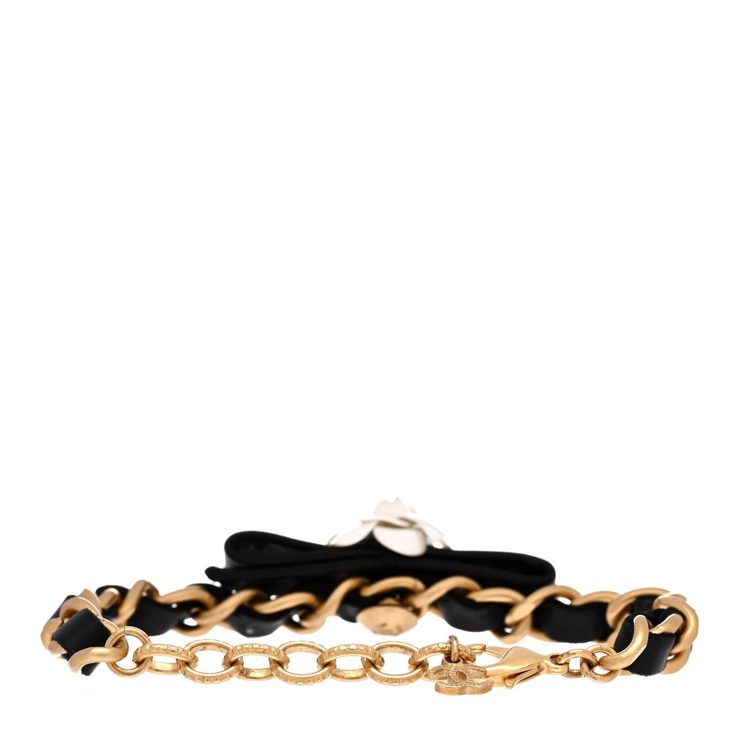 Metal Calfskin Crystal Chain 90's Camellia Bracelet Black Gold