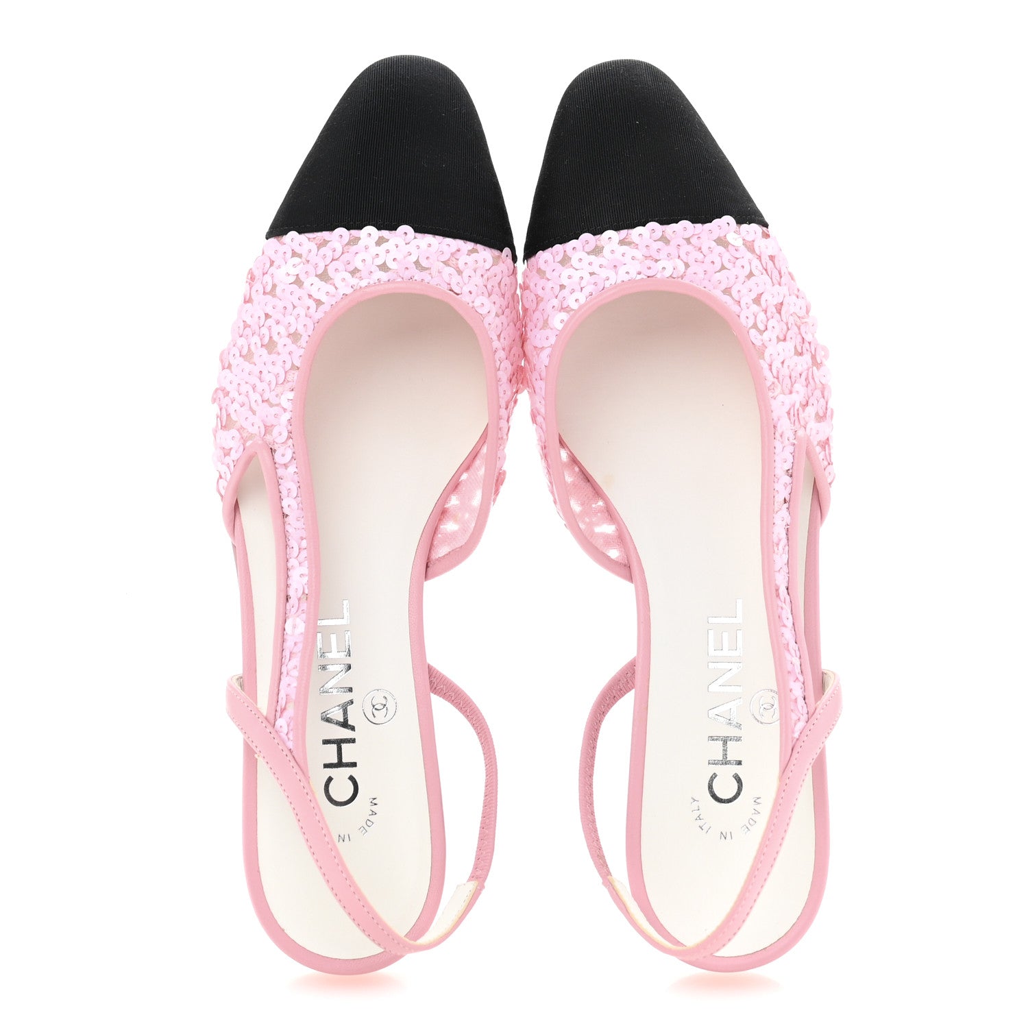Chanel Sequins Satin Cap Toe CC Slingback Flat 37 Pink Black 2 of 10