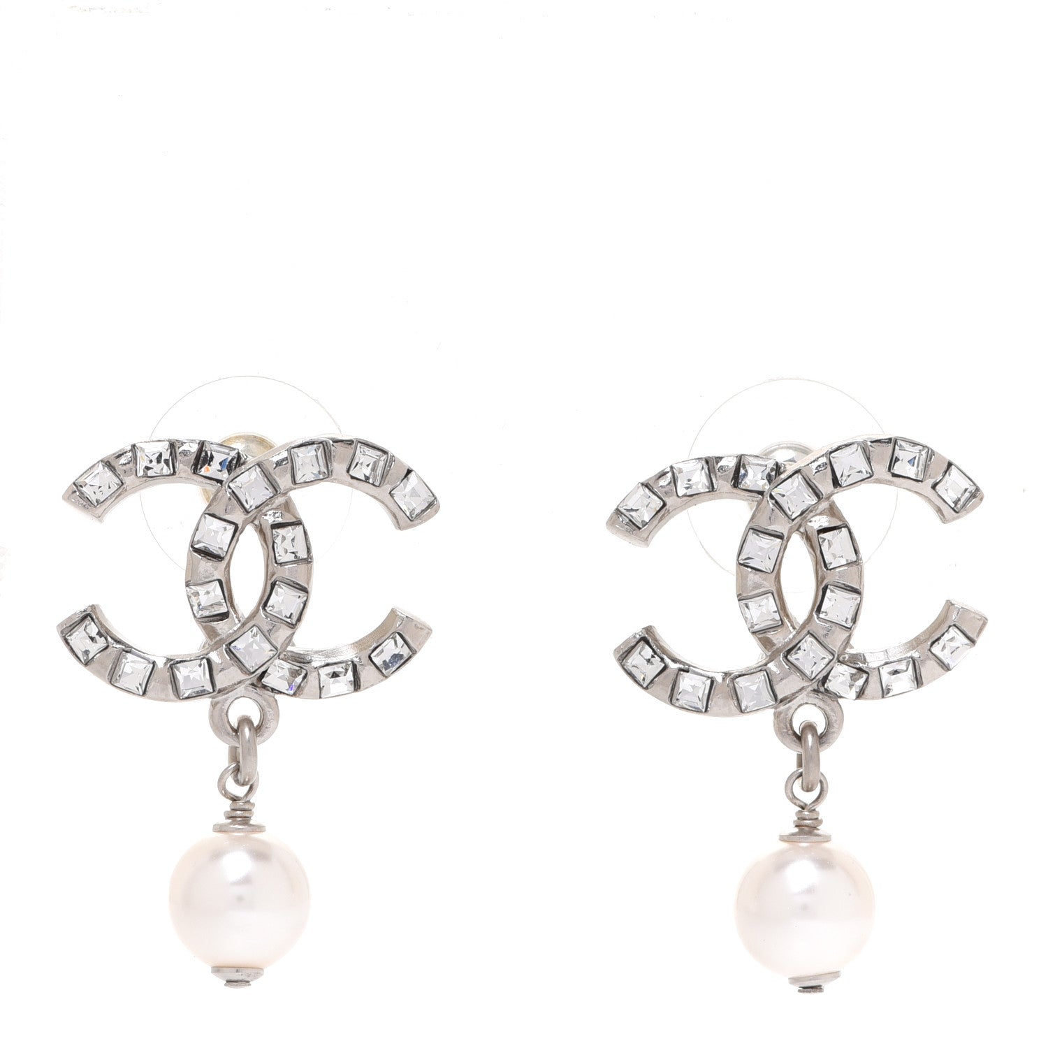 Chanel Crystal Baguette Pearl CC Drop Earrings Silver 1 of 5