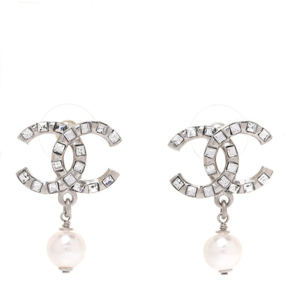Chanel Crystal Baguette Pearl CC Drop Earrings Silver 1 of 5