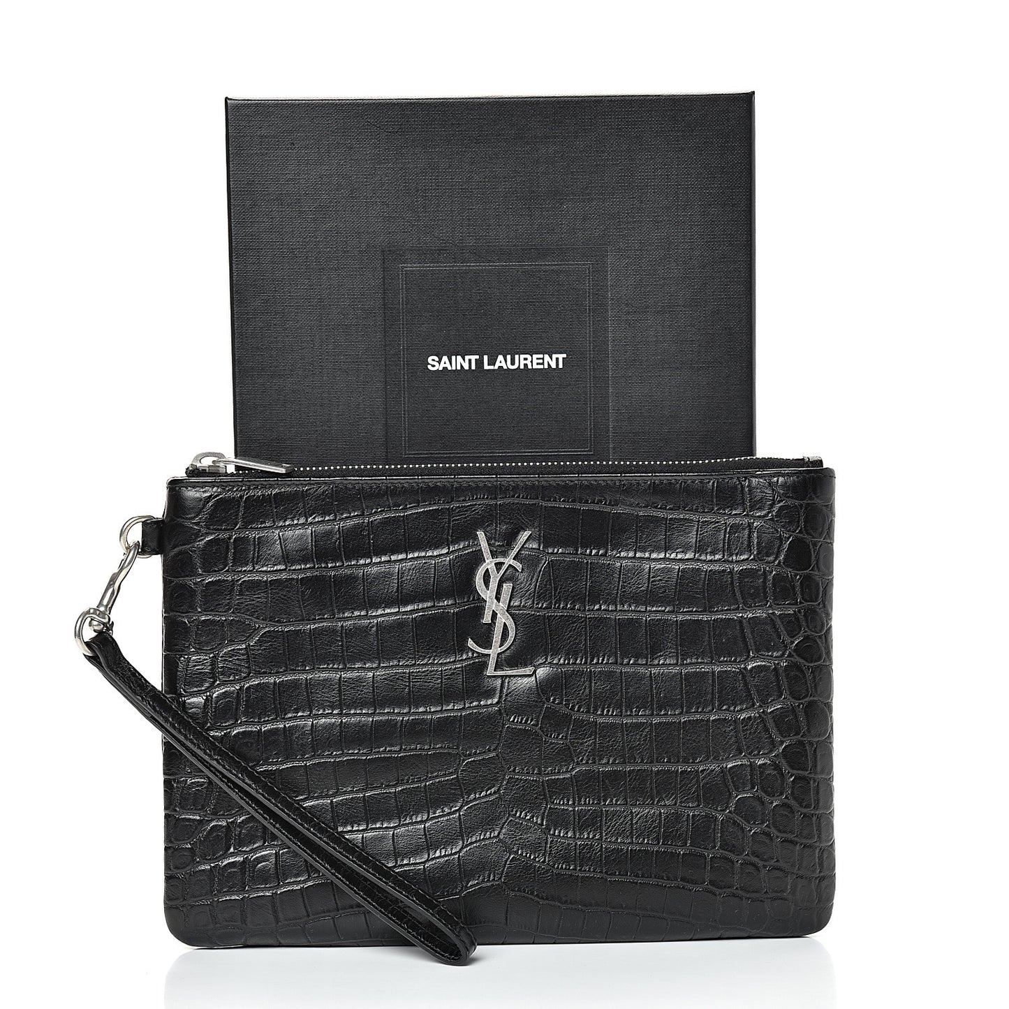 Calfskin Crocodile Embossed Monogram Zip Pouch Black