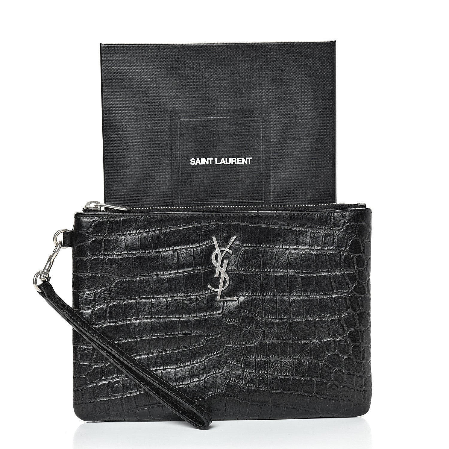 Saint Laurent Calfskin Crocodile Embossed Monogram Zip Pouch Black 7 of 7