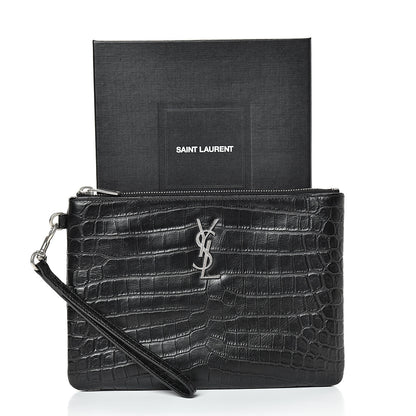 Saint Laurent Calfskin Crocodile Embossed Monogram Zip Pouch Black 7 of 7
