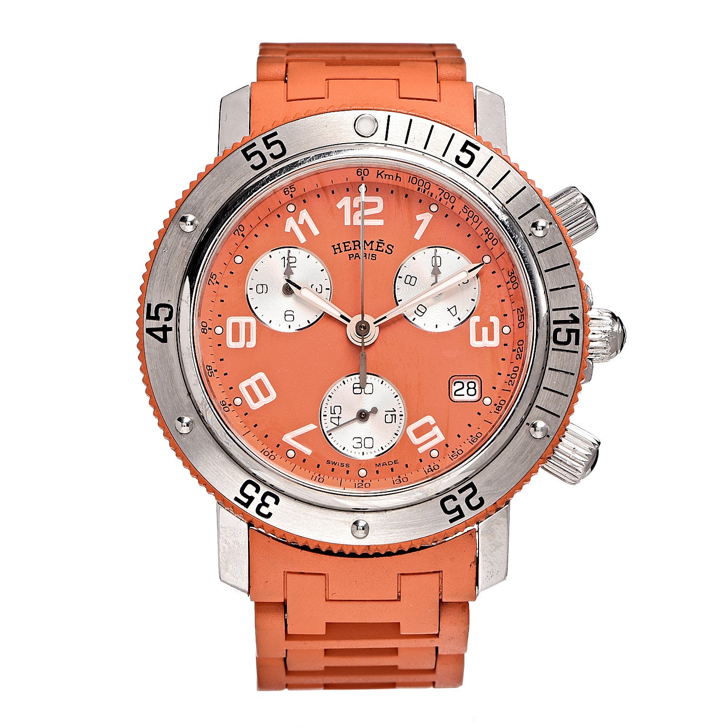 Hermes Stainless Steel Rubber 39mm Clipper Chronograph Quartz Watch Orange 1 of 11