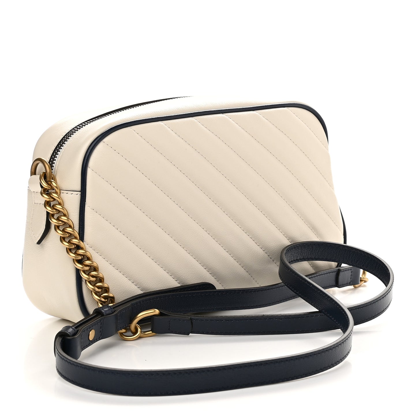 Vintage Effect Calfskin Matelasse Diagonal Small Torchon GG Marmont Chain Shoulder Bag Mystic White Blue Agata