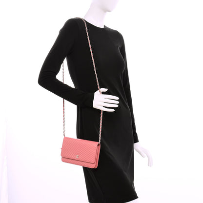 Chanel Caviar Chevron Quilted Wallet On Chain WOC Pink 2 of 8