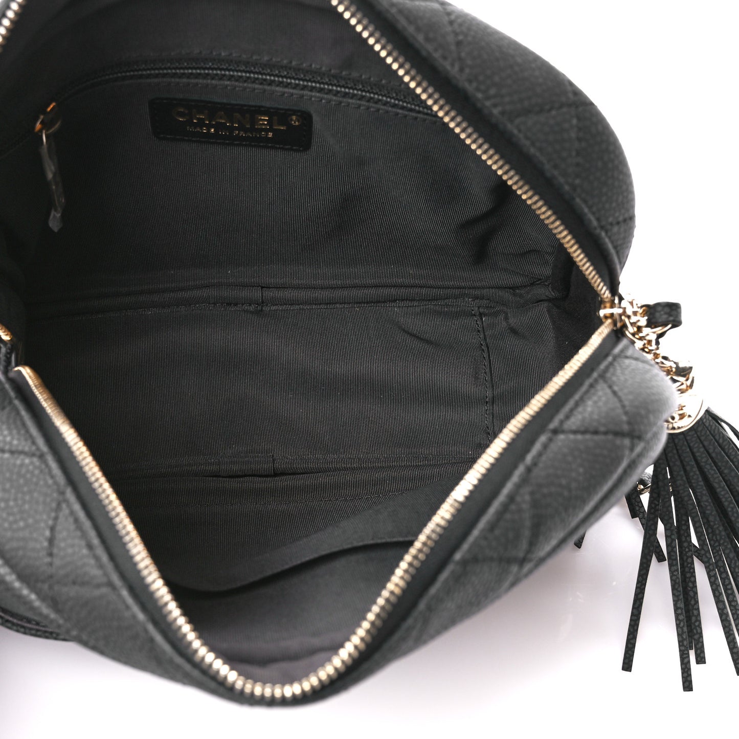 Iridescent Caviar Quilted Small Coco Tassel Camera Case Black